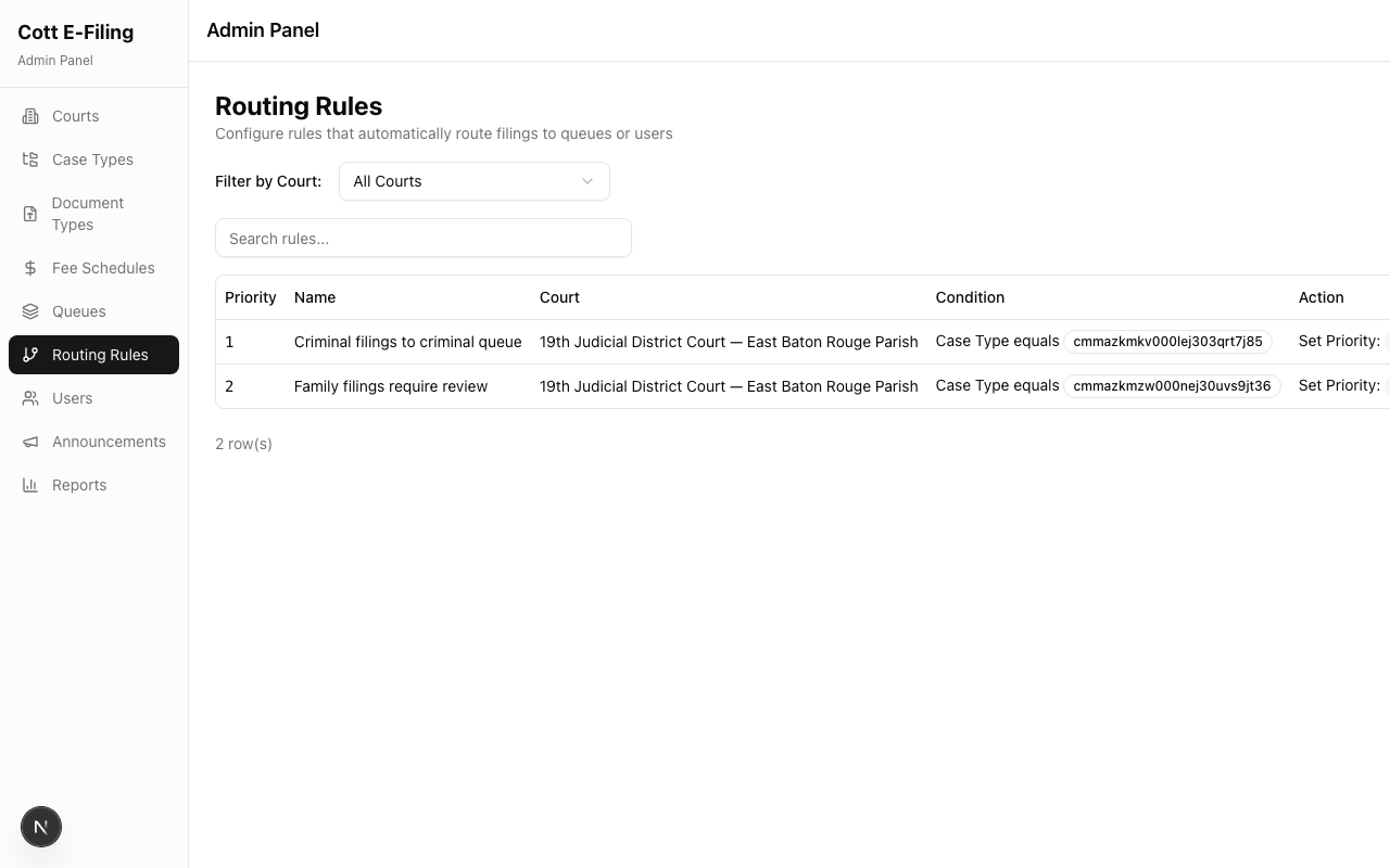 Routing rules configuration